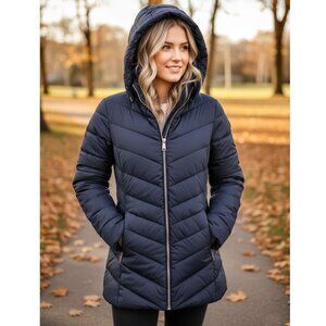 Point Zero Short Ultralight Hooded Puffer Coat, Navy, Womens Size XS